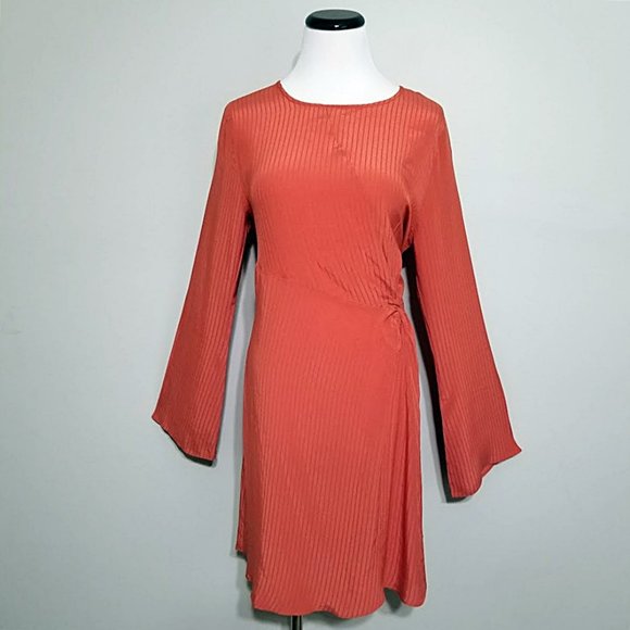 New NSR Twist Knot Flared Long Sleeve Dress  L/Large Womens Burnt Orange Mini - Picture 3 of 11